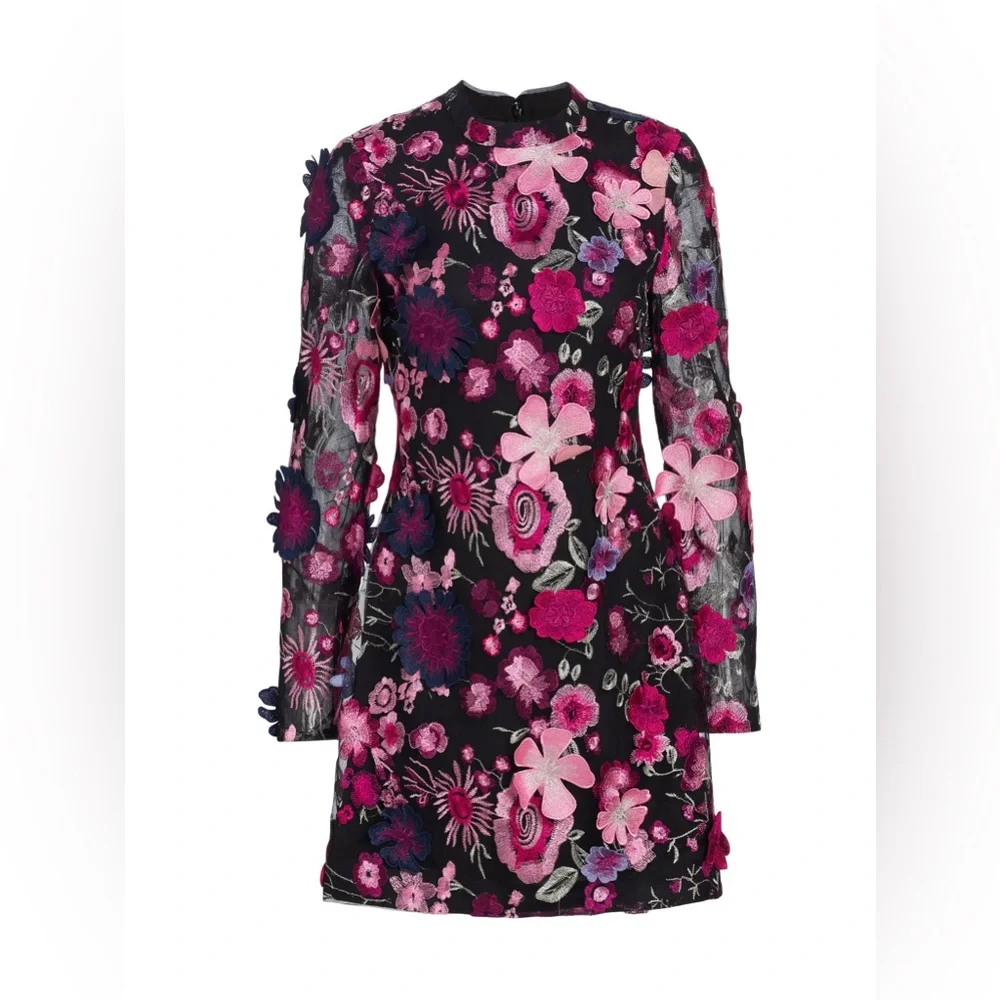 Monique Lhuillier Pink and Black Floral Long Sleeve Dress - Picture 2 of 7